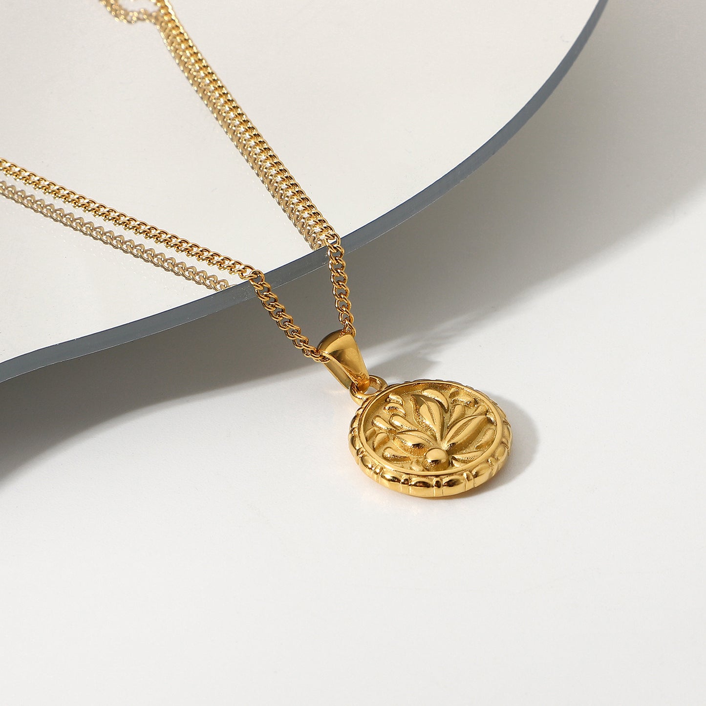 Flower Coin Pendant Medallion Necklace