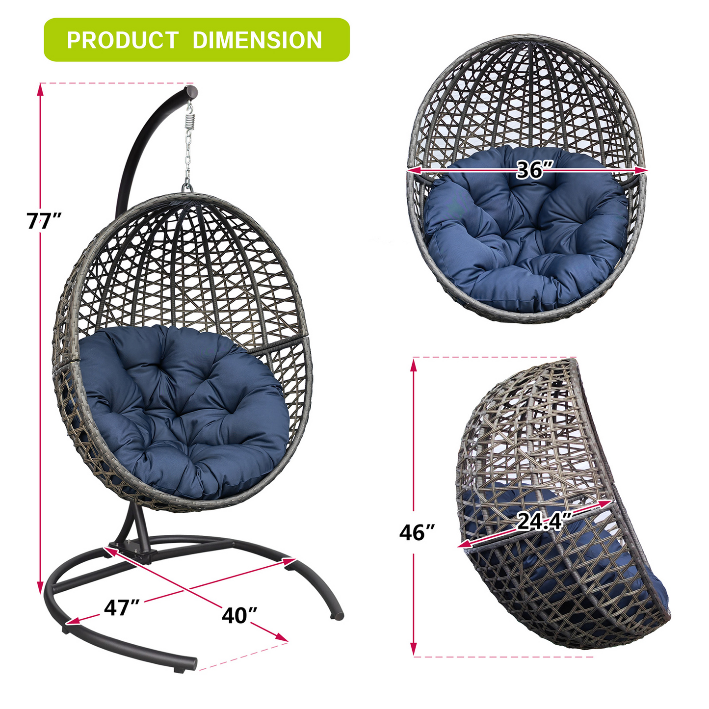 Wicker Basket Swing Chair; Hanging Egg Chairs with Durable Stand and Waterproof Cushion for Outdoor Patio