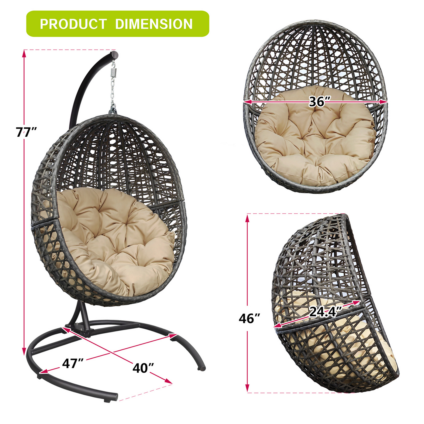 Wicker Basket Swing Chair; Hanging Egg Chairs with Durable Stand and Waterproof Cushion for Outdoor Patio