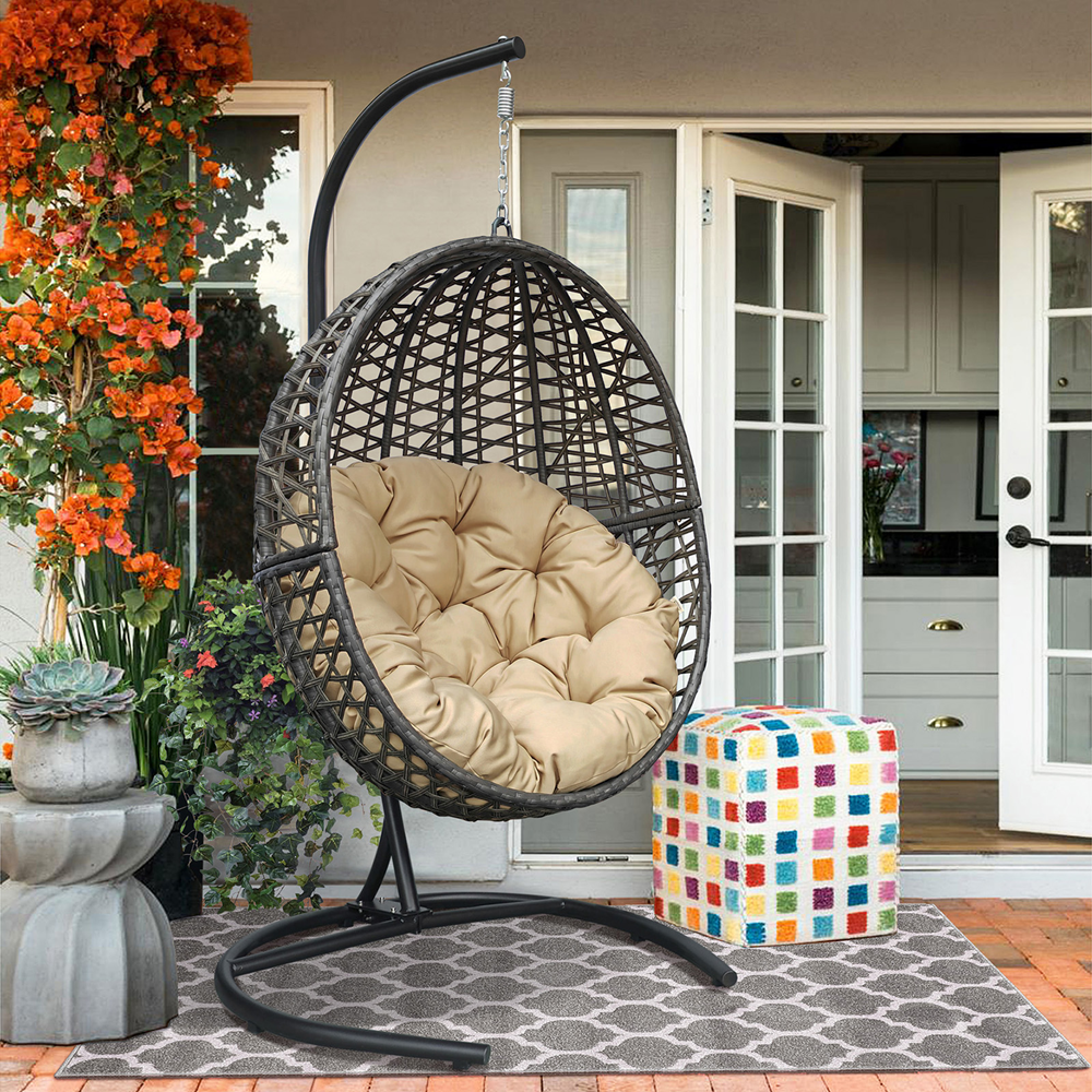 Wicker Basket Swing Chair; Hanging Egg Chairs with Durable Stand and Waterproof Cushion for Outdoor Patio