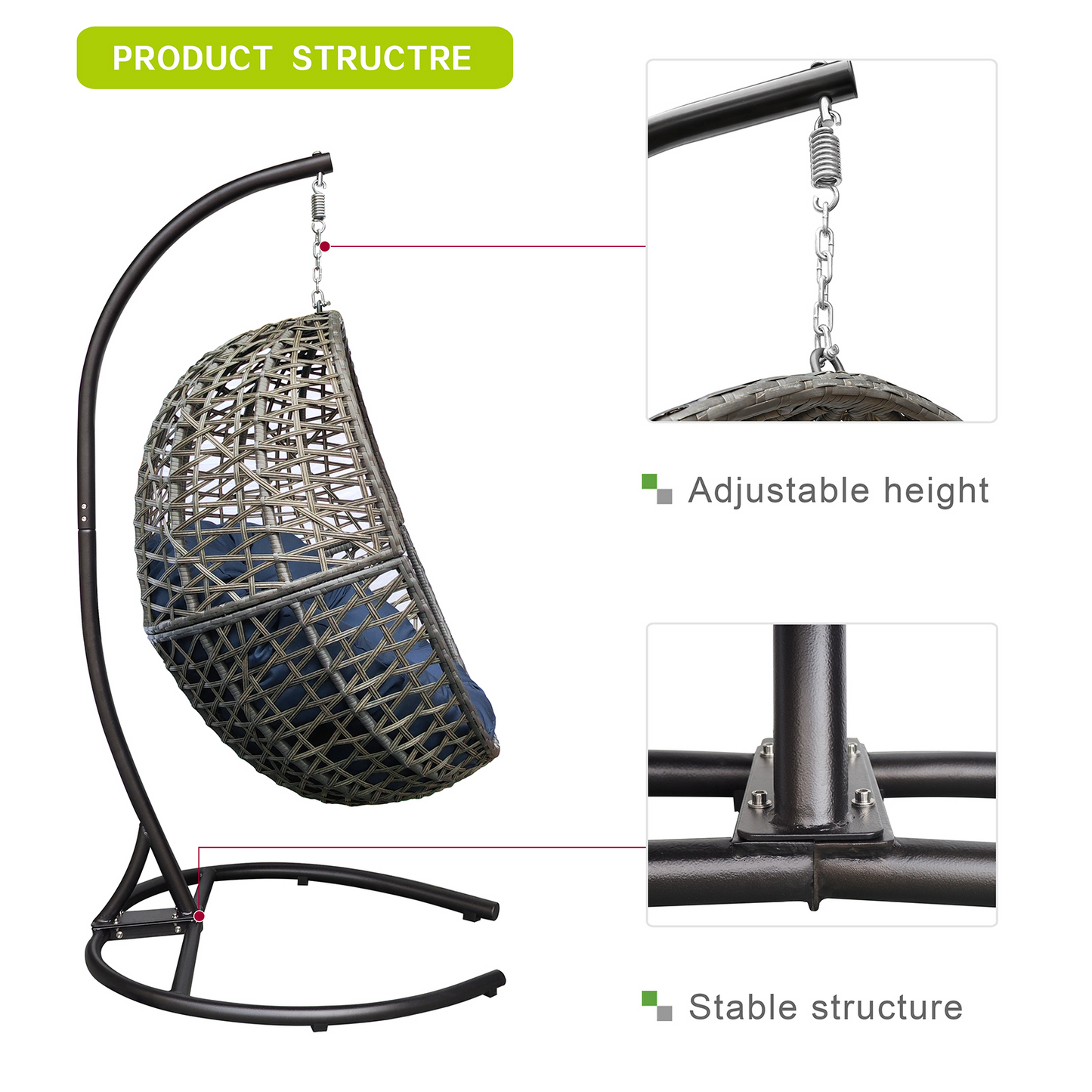 Wicker Basket Swing Chair; Hanging Egg Chairs with Durable Stand and Waterproof Cushion for Outdoor Patio