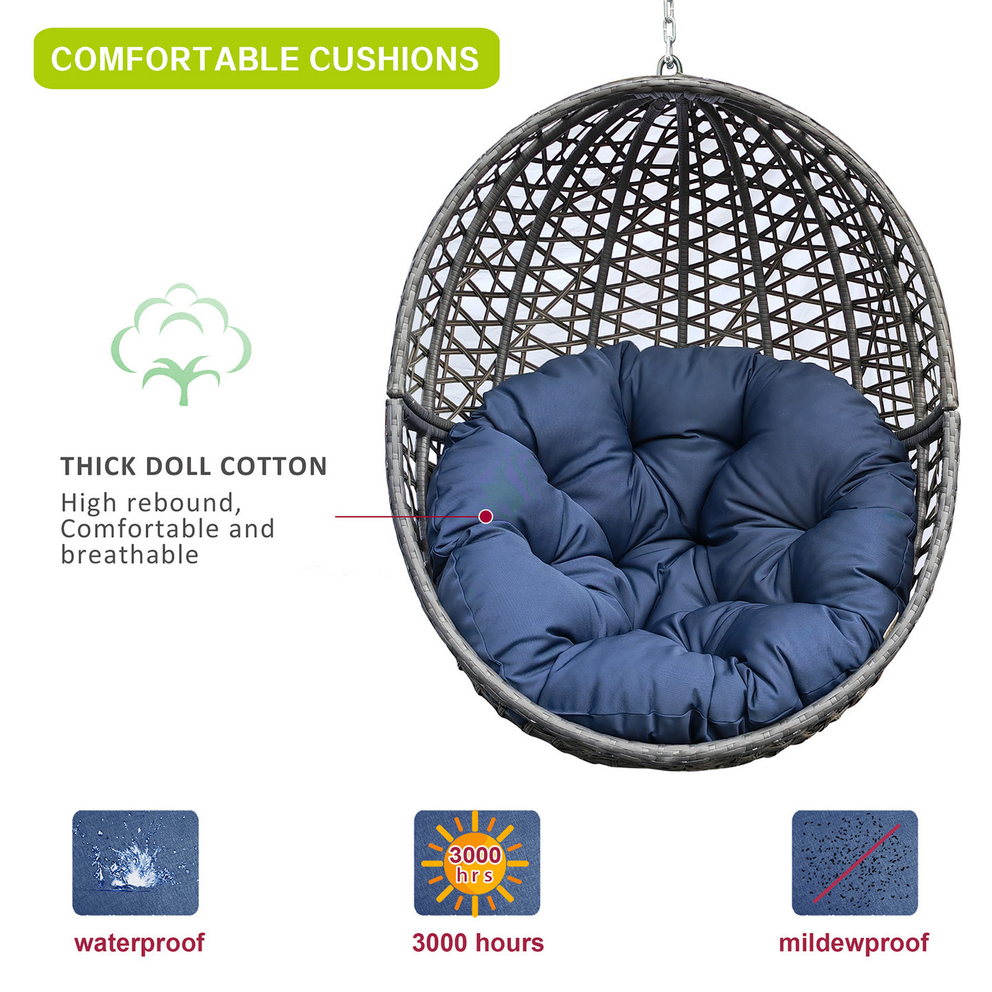 Wicker Basket Swing Chair; Hanging Egg Chairs with Durable Stand and Waterproof Cushion for Outdoor Patio