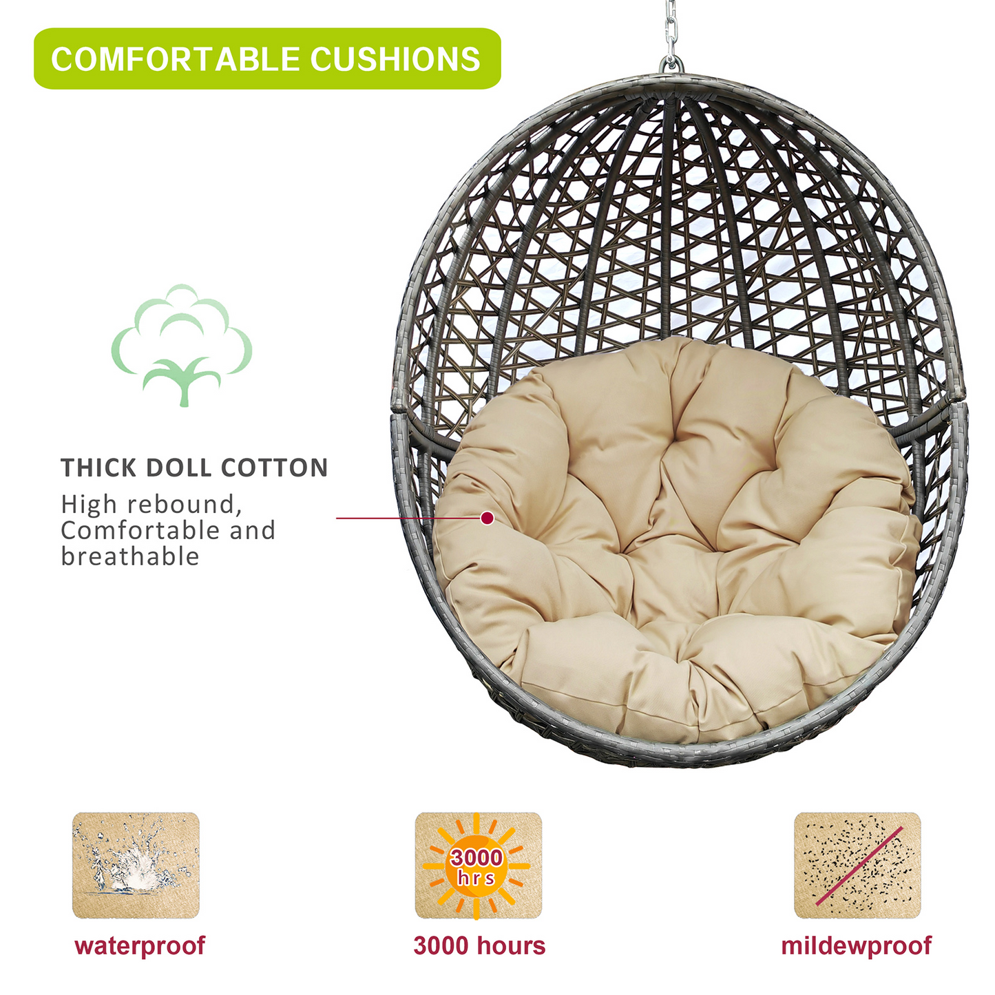 Wicker Basket Swing Chair; Hanging Egg Chairs with Durable Stand and Waterproof Cushion for Outdoor Patio