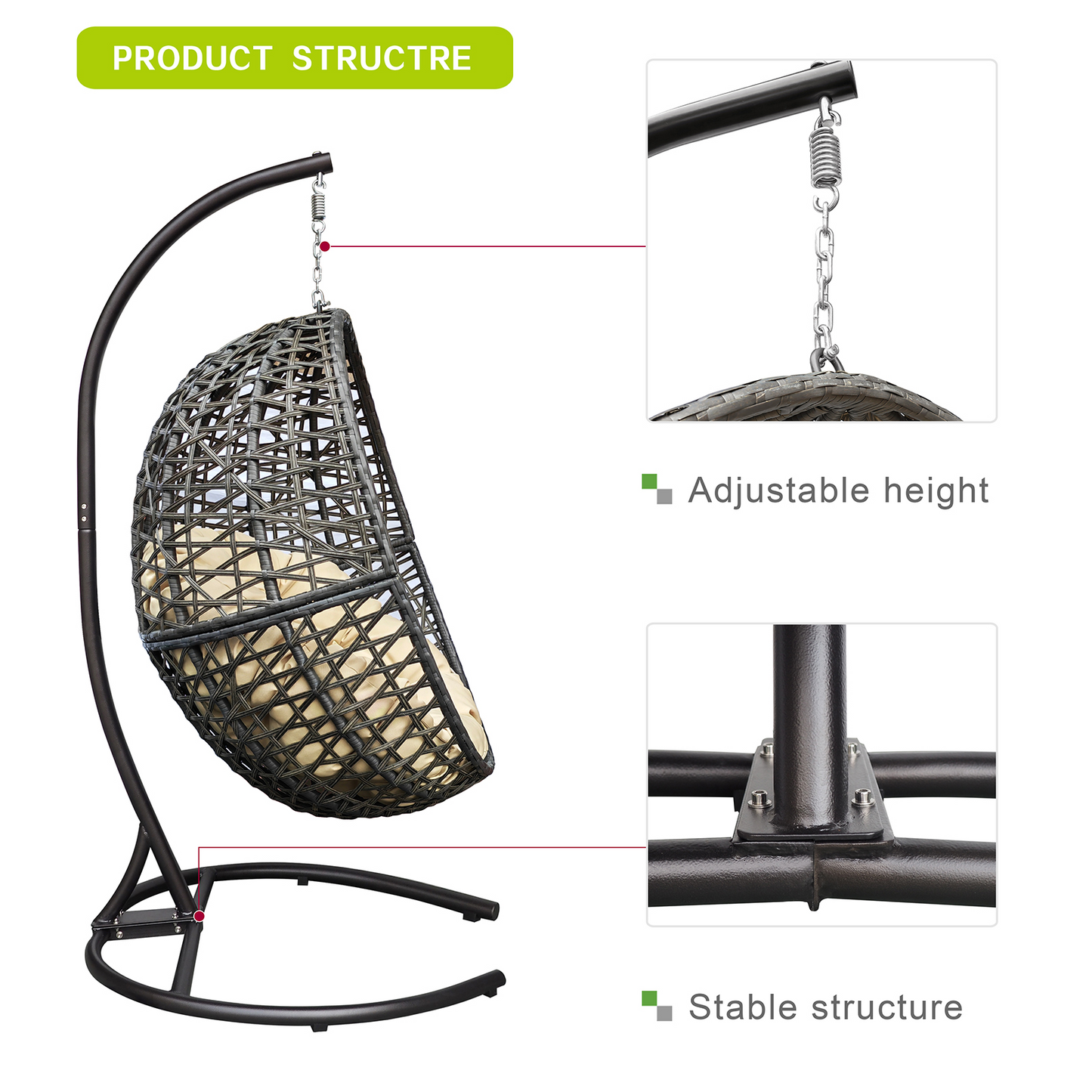 Wicker Basket Swing Chair; Hanging Egg Chairs with Durable Stand and Waterproof Cushion for Outdoor Patio