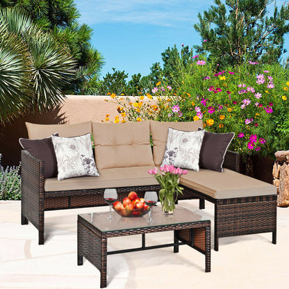 3 Pieces Outdoor Patio Corner Rattan Sofa Set