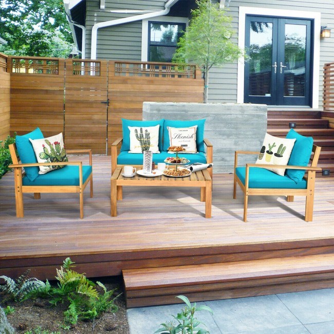 4 Pieces Patio Acacia Wood Thick Cushion Loveseat Sofa Set