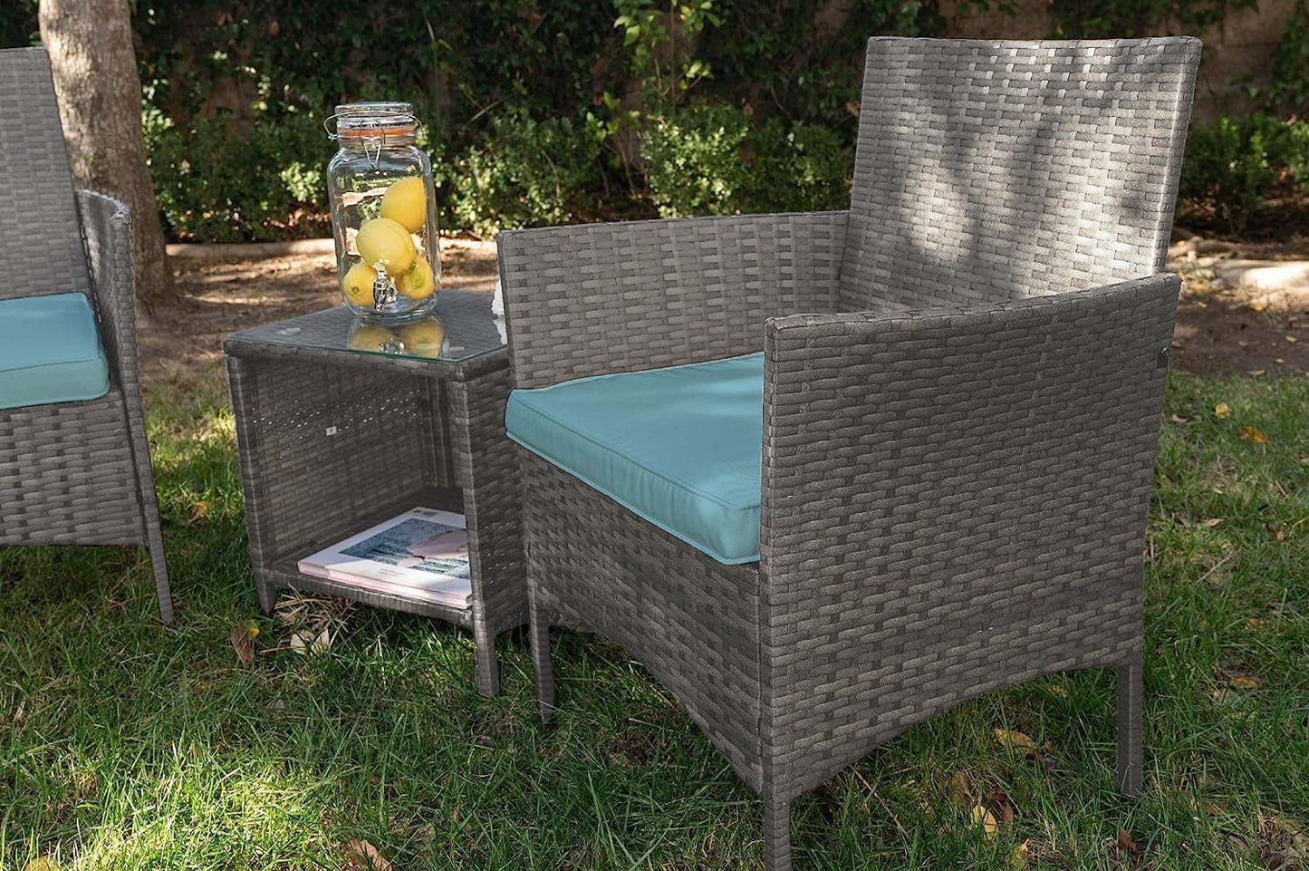 3 PCS Outdoor Patio Furniture PE-Rattan Wicker Table and Chairs Set Bar Set W/ Cushioned Tempered Glass (Brown/Aqua)