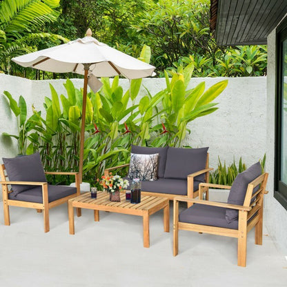 4 Pieces Patio Acacia Wood Thick Cushion Loveseat Sofa Set