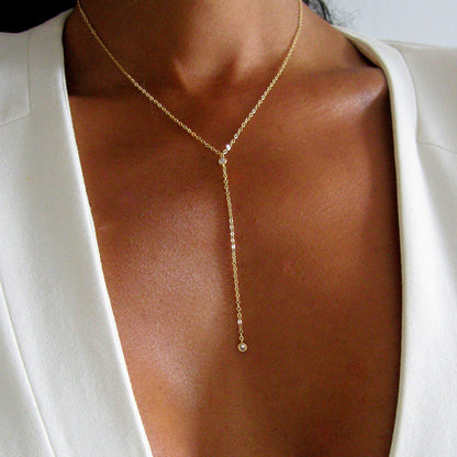 14k Gold or Sterling Silver Plated Dainty Lariat Necklace with Simulated Diamond