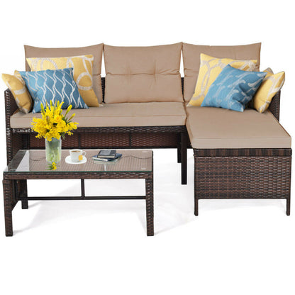 3 Pieces Outdoor Patio Corner Rattan Sofa Set