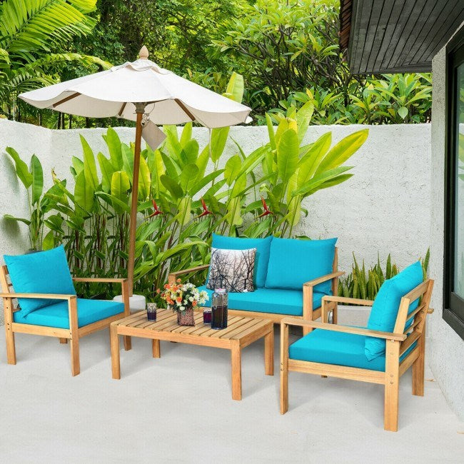 4 Pieces Patio Acacia Wood Thick Cushion Loveseat Sofa Set