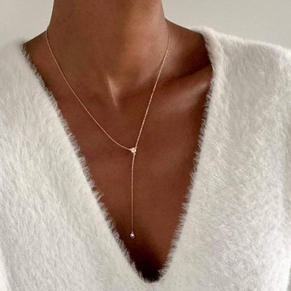 14k Gold or Sterling Silver Plated Dainty Lariat Necklace with Simulated Diamond