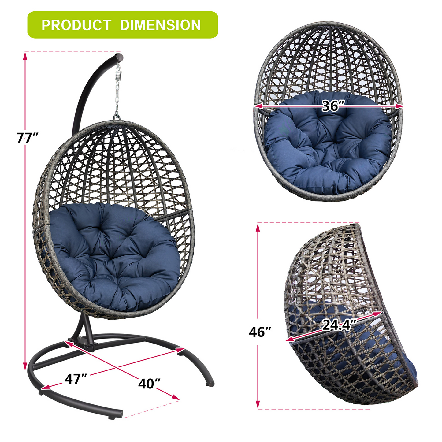 Wicker Basket Swing Chair;  Hanging Egg Chairs with Durable Stand and Waterproof Cushion for Outdoor Patio