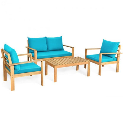 4 Pieces Patio Acacia Wood Thick Cushion Loveseat Sofa Set