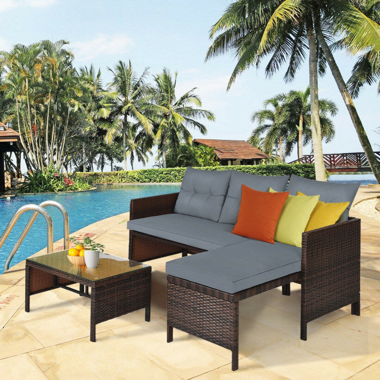 3 Pieces Outdoor Patio Corner Rattan Sofa Set