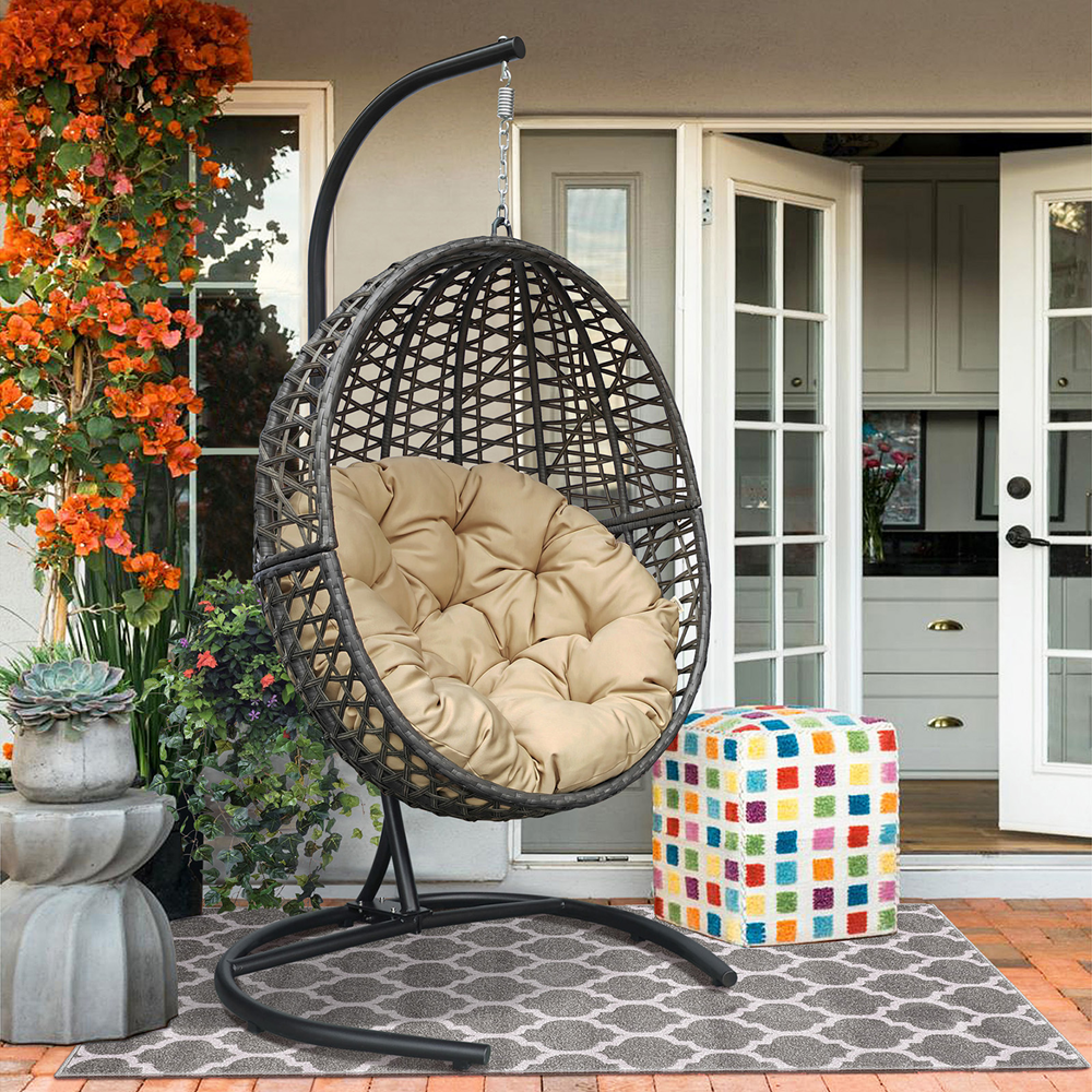 Wicker Basket Swing Chair;  Hanging Egg Chairs with Durable Stand and Waterproof Cushion for Outdoor Patio