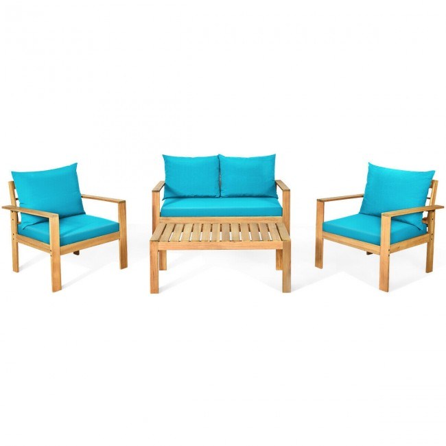 4 Pieces Patio Acacia Wood Thick Cushion Loveseat Sofa Set