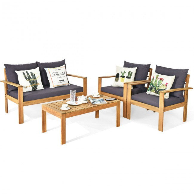 4 Pieces Patio Acacia Wood Thick Cushion Loveseat Sofa Set