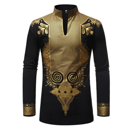 Mens Gold Floral Printed Collar Shirt Long Sleeve Blouse