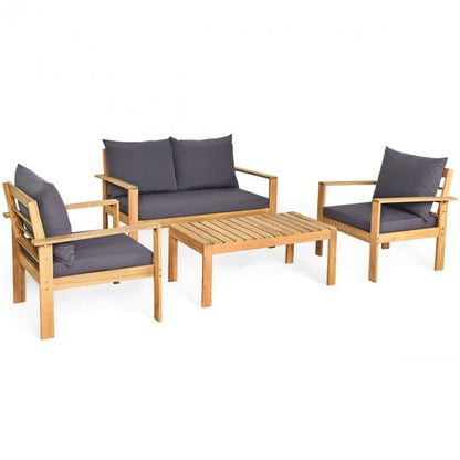 4 Pieces Patio Acacia Wood Thick Cushion Loveseat Sofa Set