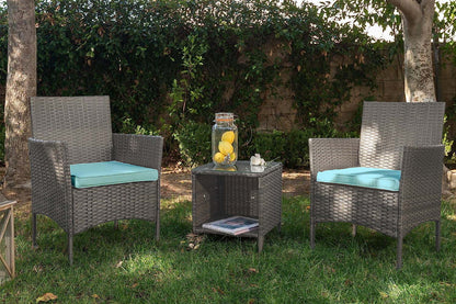 3 PCS Outdoor Patio Furniture PE-Rattan Wicker Table and Chairs Set Bar Set W/ Cushioned Tempered Glass (Brown/Aqua)