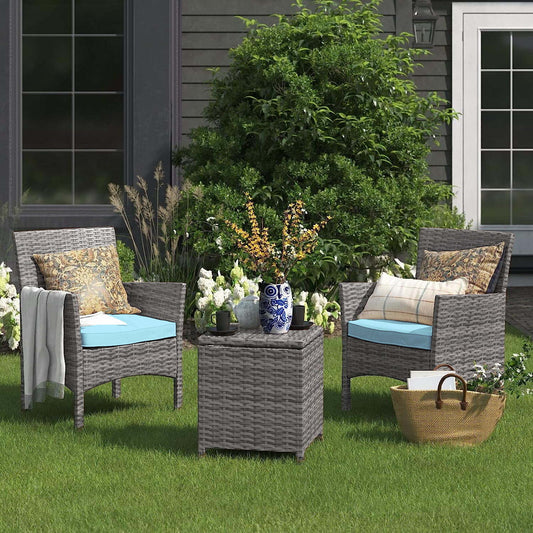 3 PCS Outdoor Patio Furniture PE-Rattan Wicker Table and Chairs Set Bar Set W/ Cushioned Tempered Glass (Brown/Aqua)