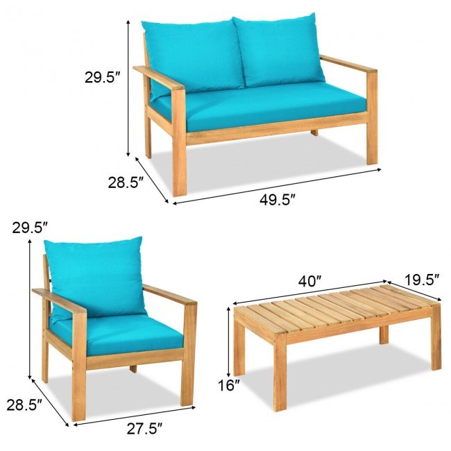 4 Pieces Patio Acacia Wood Thick Cushion Loveseat Sofa Set