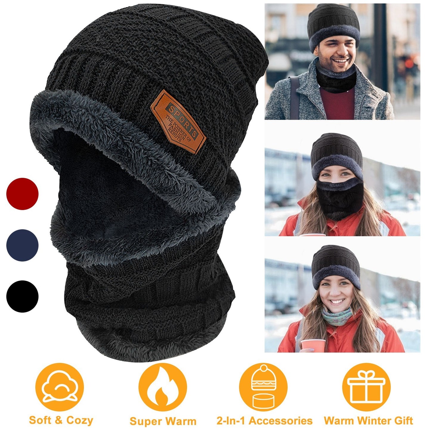 Winter Beanie Hat Scarf Set Unisex Warm Knitting Skull Cap Neck Warmer