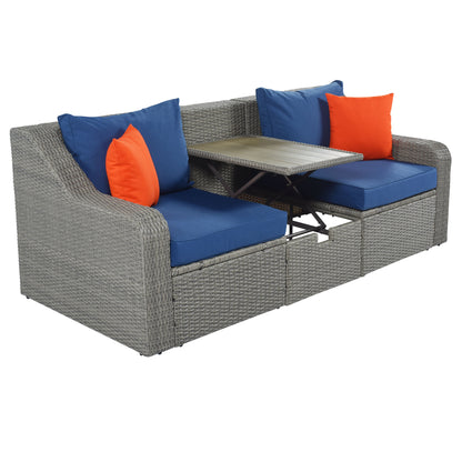 Patio Furniture Sets, 3-Piece Patio Wicker Sofa with Cushions, Pillows, Ottomans and Lift Top Coffee Table